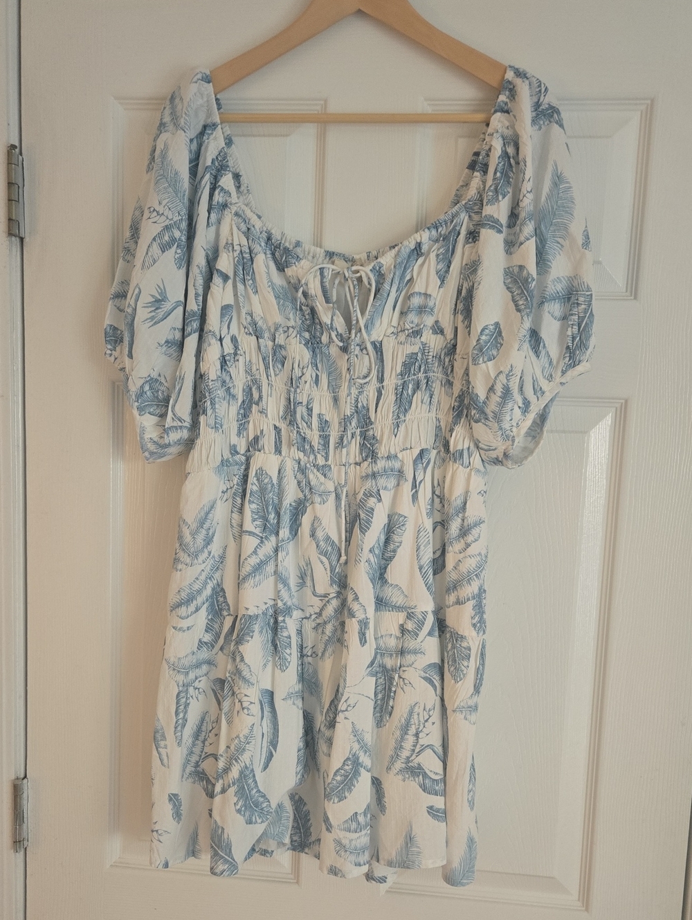 Nordstrom Elan White Dress with Blue Leaf Print- Off The Shoulder